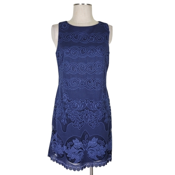 Eliza J Lace Overlay Dress Size 8 Blue Sleeveless Lightweight Scalloped Hem - Picture 2 of 12